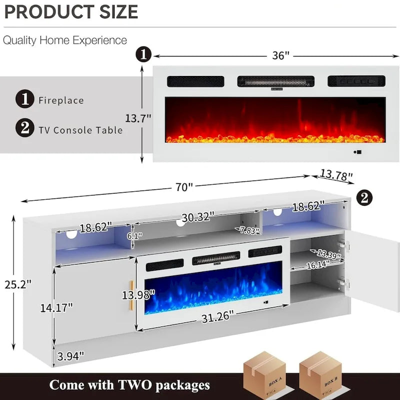 Mueble de TV blanco de 70" con chimenea eléctrica de 36", se adapta a televisores de hasta 80", 1-2 personas