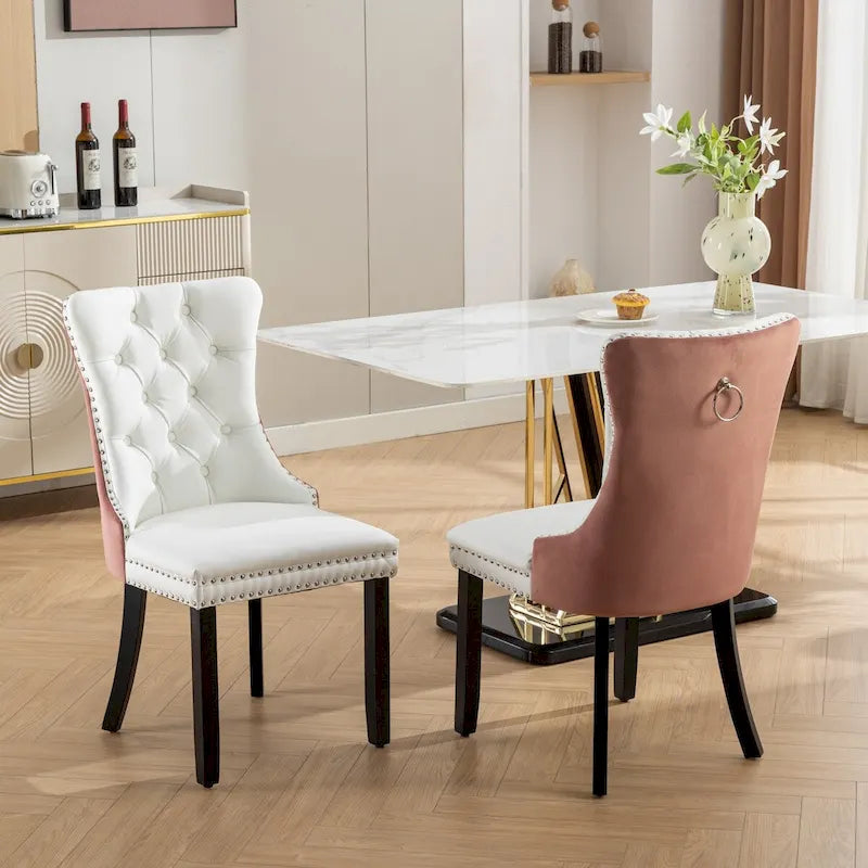 Silla de comedor de terciopelo PU blanca y rosa, con ribete de tachuelas, juego de 2