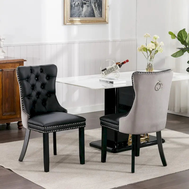Silla de comedor de terciopelo PU blanca y rosa, con ribete de tachuelas, juego de 2