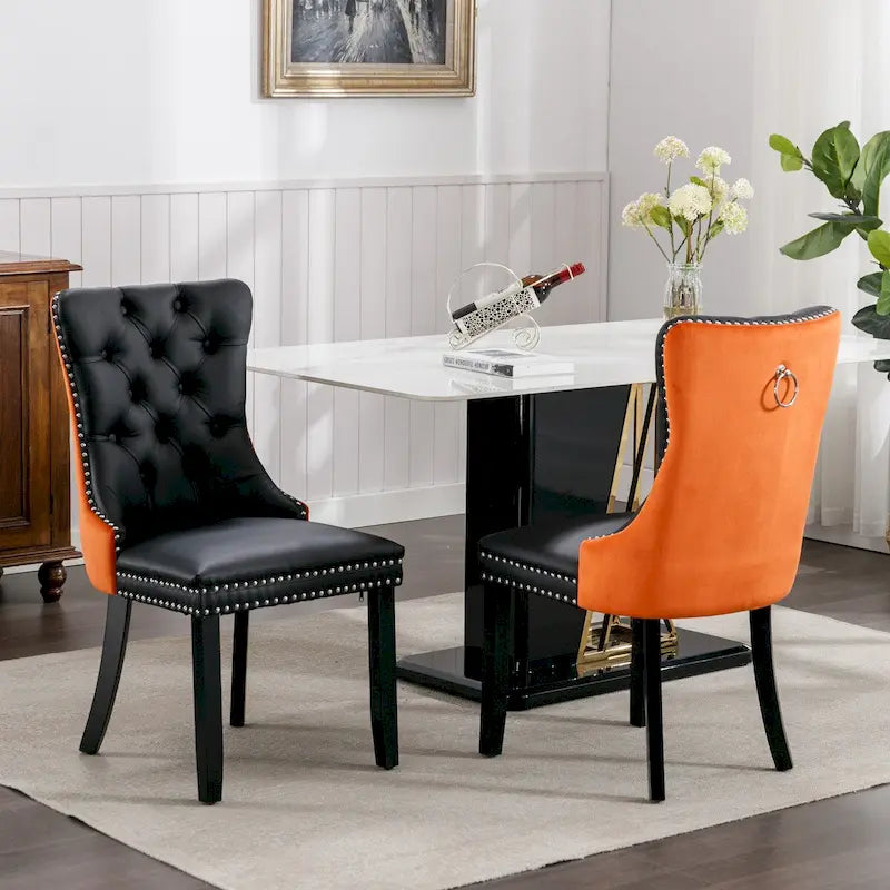 Silla de comedor de terciopelo PU blanca y rosa, con ribete de tachuelas, juego de 2