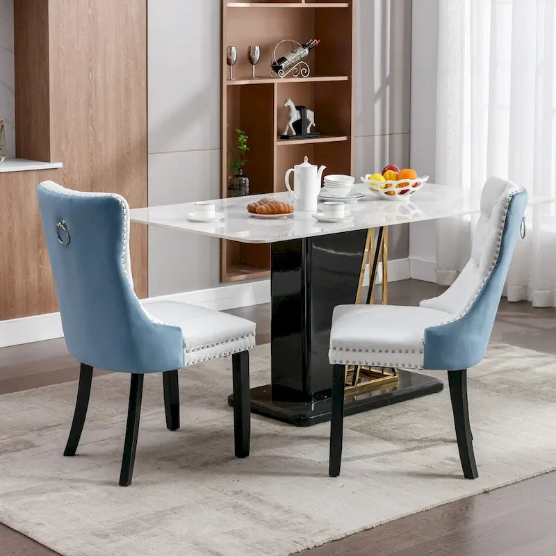 Silla de comedor de terciopelo PU blanca y rosa, con ribete de tachuelas, juego de 2