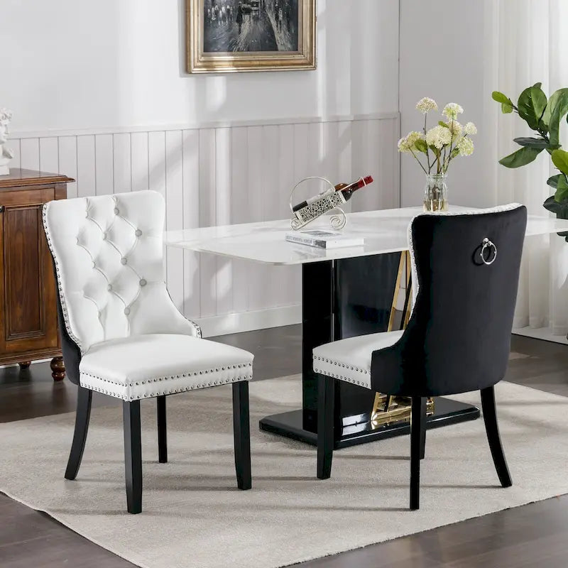 Silla de comedor de terciopelo PU blanca y rosa, con ribete de tachuelas, juego de 2
