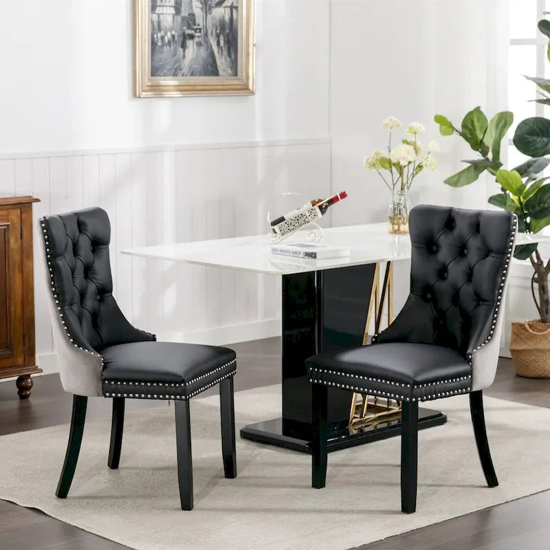 Silla de comedor de terciopelo PU blanca y rosa, con ribete de tachuelas, juego de 2