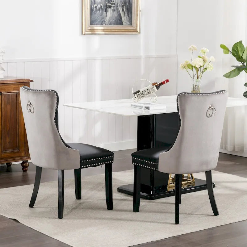 Silla de comedor de terciopelo PU blanca y rosa, con ribete de tachuelas, juego de 2