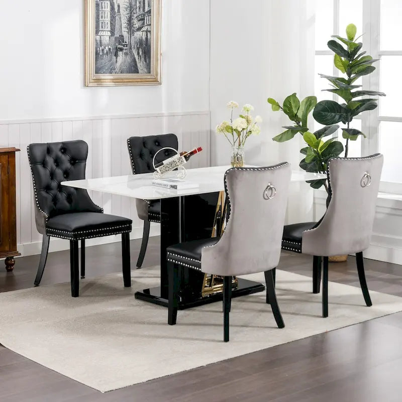Silla de comedor de terciopelo PU blanca y rosa, con ribete de tachuelas, juego de 2