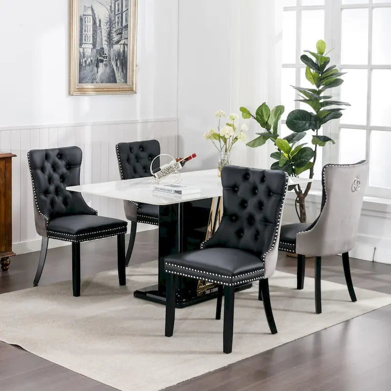 Silla de comedor de terciopelo PU blanca y rosa, con ribete de tachuelas, juego de 2