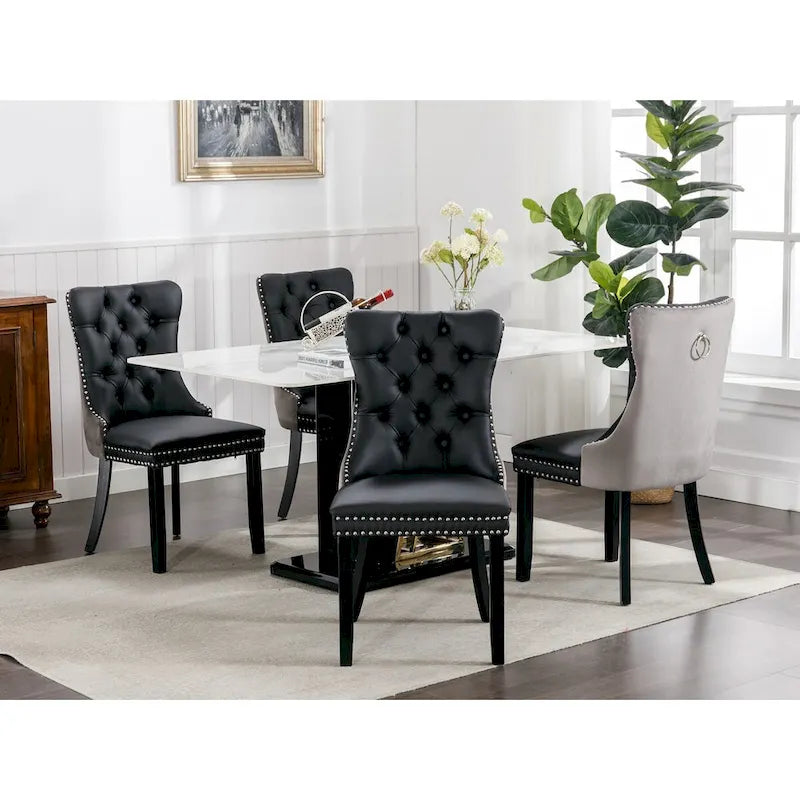 Silla de comedor de terciopelo PU blanca y rosa, con ribete de tachuelas, juego de 2
