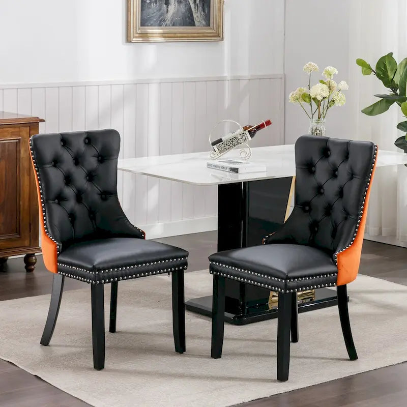 Silla de comedor de terciopelo PU blanca y rosa, con ribete de tachuelas, juego de 2