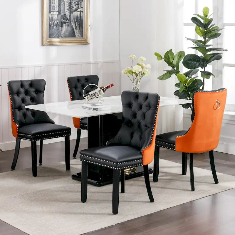 Silla de comedor de terciopelo PU blanca y rosa, con ribete de tachuelas, juego de 2