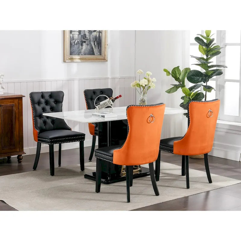 Silla de comedor de terciopelo PU blanca y rosa, con ribete de tachuelas, juego de 2