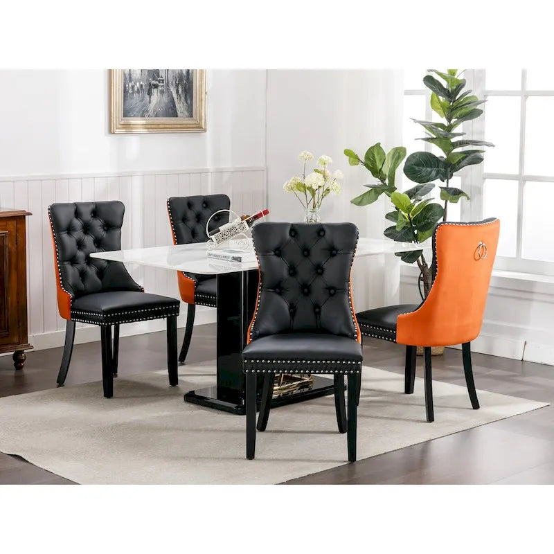 Silla de comedor de terciopelo PU blanca y rosa, con ribete de tachuelas, juego de 2