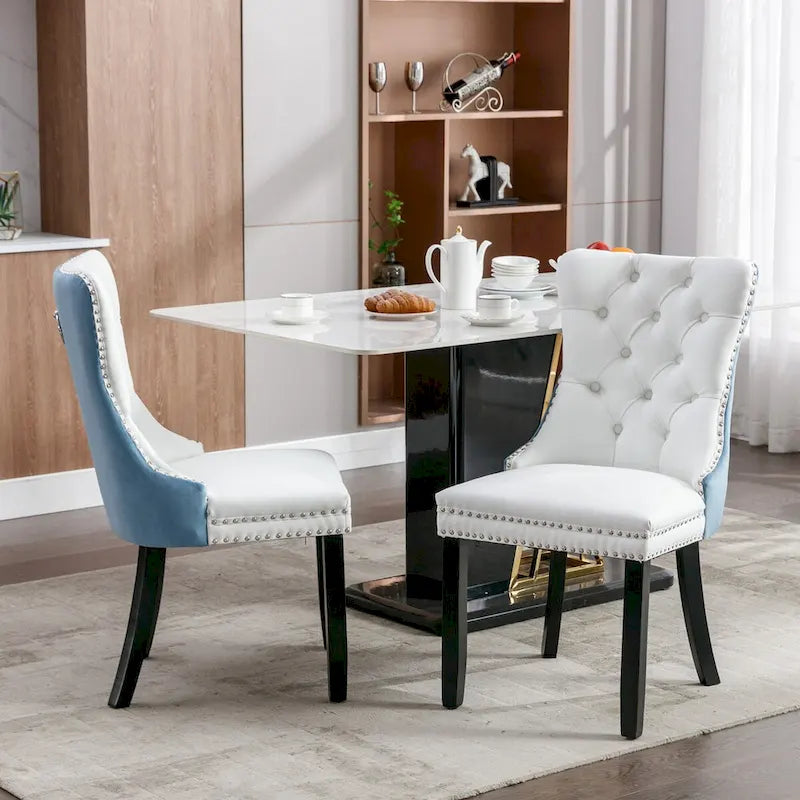 Silla de comedor de terciopelo PU blanca y rosa, con ribete de tachuelas, juego de 2