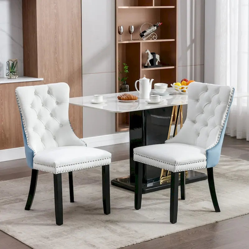 Silla de comedor de terciopelo PU blanca y rosa, con ribete de tachuelas, juego de 2
