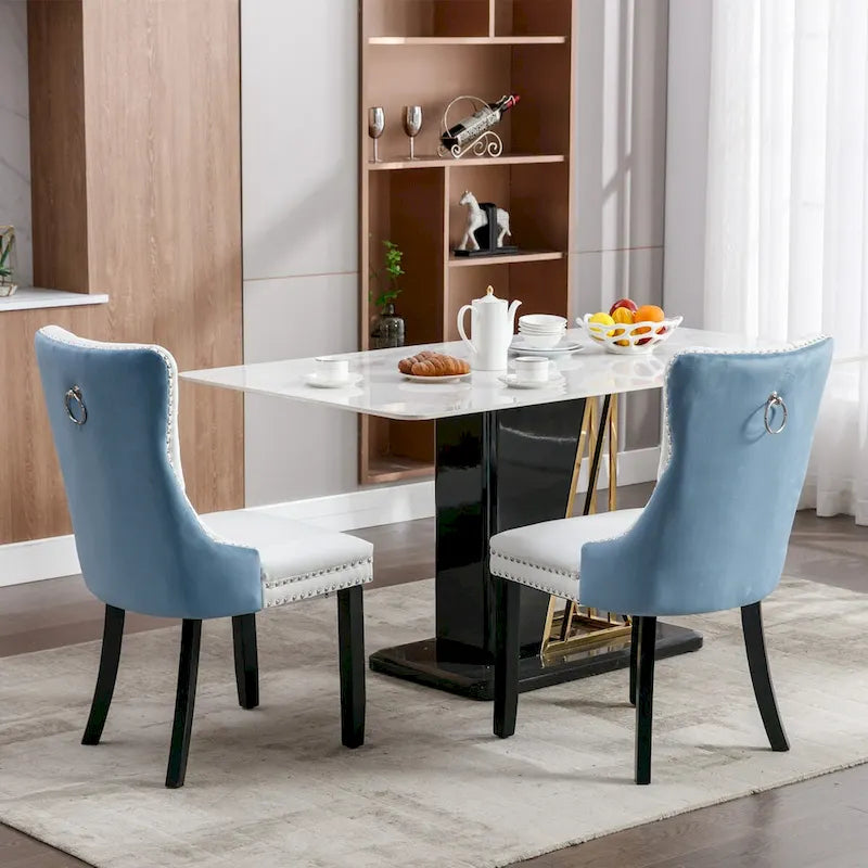 Silla de comedor de terciopelo PU blanca y rosa, con ribete de tachuelas, juego de 2