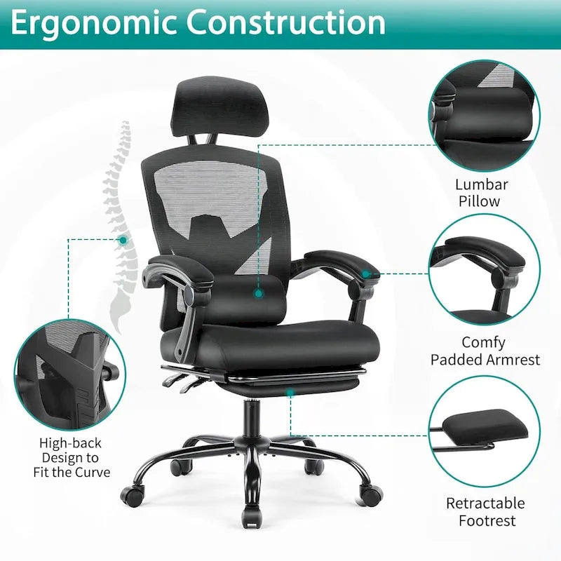 Sillón reclinable negro de respaldo alto con reposapiés, para 1 persona