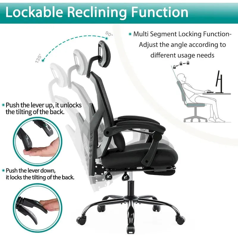 Sillón reclinable negro de respaldo alto con reposapiés, para 1 persona