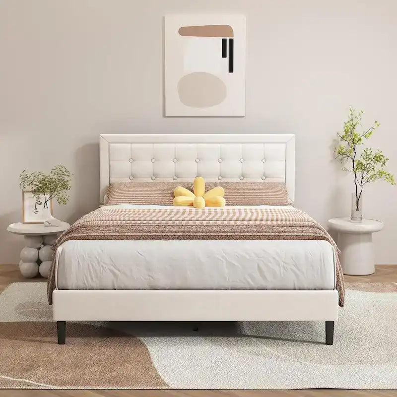 Estructura de cama tipo plataforma con capitoné de terciopelo (Negro/Blanco/Rosa/Beige) – Individual/Matrimonial/Queen/King, requiere 2 personas para el montaje