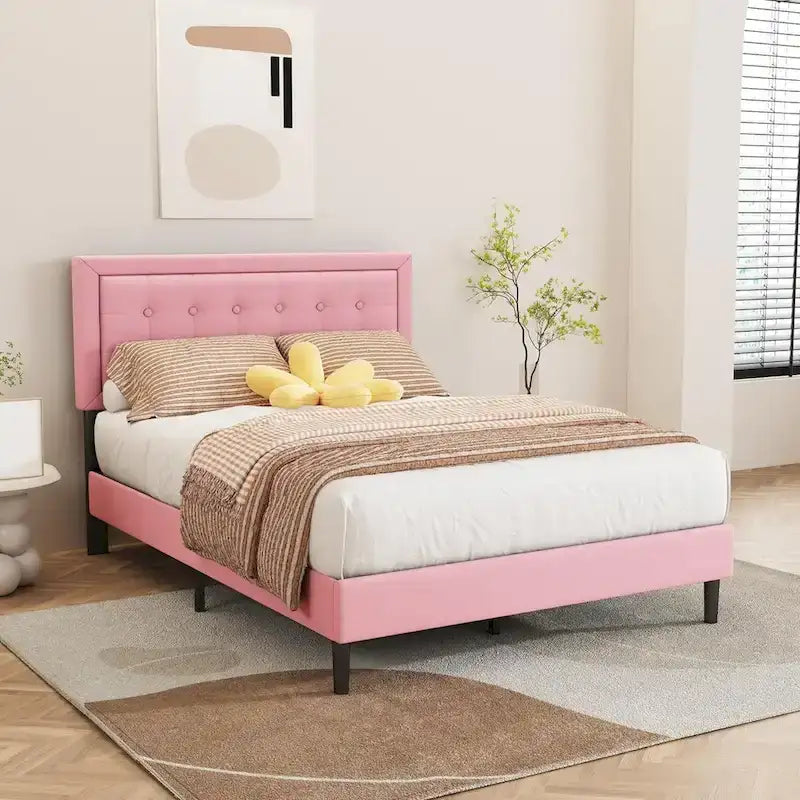 Estructura de cama tipo plataforma con capitoné de terciopelo (Negro/Blanco/Rosa/Beige) – Individual/Matrimonial/Queen/King, requiere 2 personas para el montaje