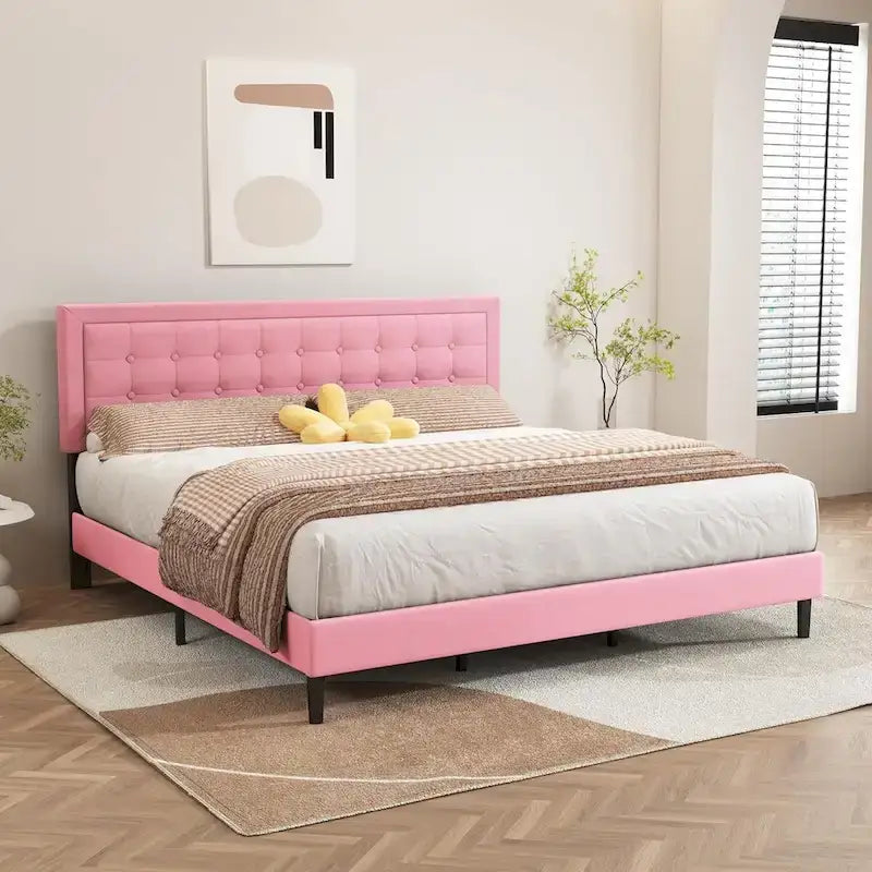 Estructura de cama tipo plataforma con capitoné de terciopelo (Negro/Blanco/Rosa/Beige) – Individual/Matrimonial/Queen/King, requiere 2 personas para el montaje