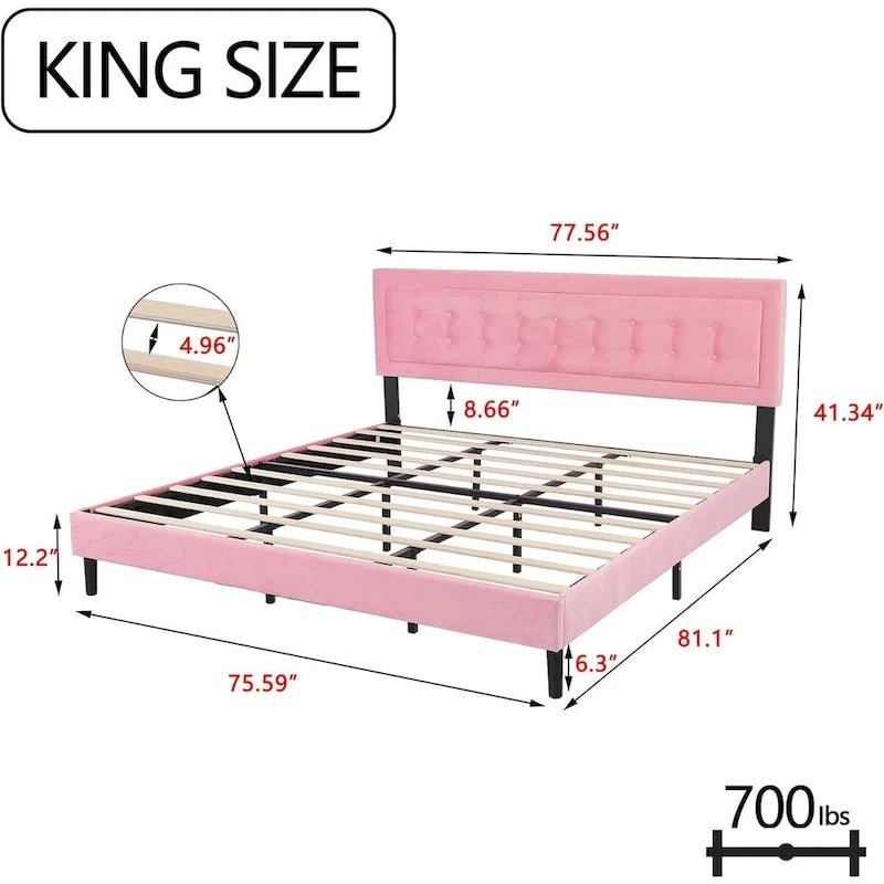 Estructura de cama tipo plataforma con capitoné de terciopelo (Negro/Blanco/Rosa/Beige) – Individual/Matrimonial/Queen/King, requiere 2 personas para el montaje