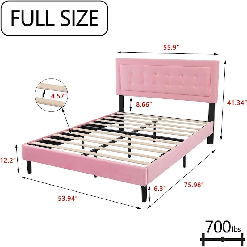 Estructura de cama tipo plataforma con capitoné de terciopelo (Negro/Blanco/Rosa/Beige) – Individual/Matrimonial/Queen/King, requiere 2 personas para el montaje