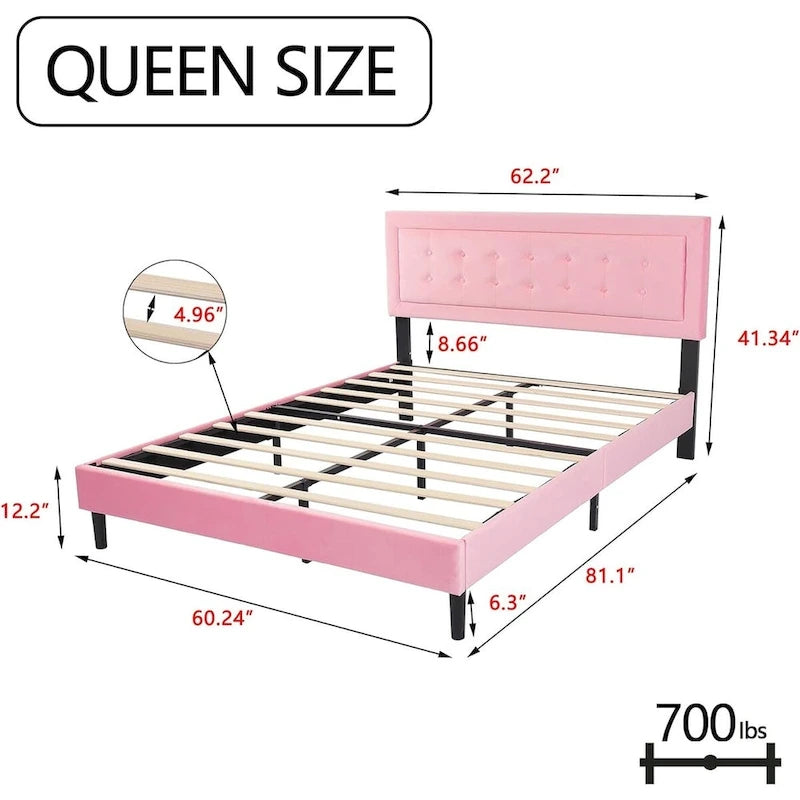 Estructura de cama tipo plataforma con capitoné de terciopelo (Negro/Blanco/Rosa/Beige) – Individual/Matrimonial/Queen/King, requiere 2 personas para el montaje