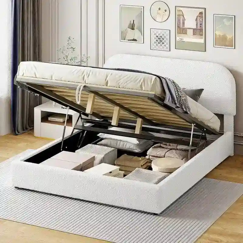 Cama de plataforma tapizada tamaño Queen de forro polar de peluche blanco/gris con almacenamiento hidráulico, capacidad para 1–2