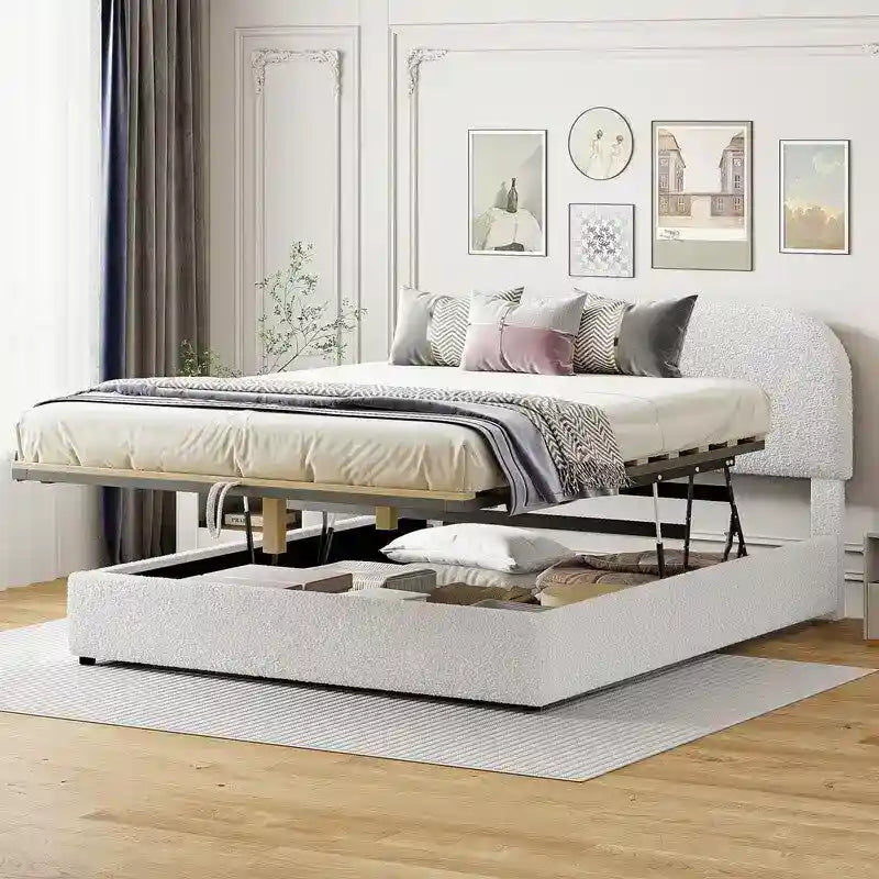 Cama de plataforma tapizada tamaño Queen de forro polar de peluche blanco/gris con almacenamiento hidráulico, capacidad para 1–2