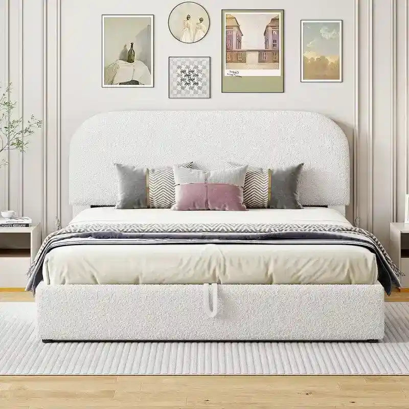 Cama de plataforma tapizada tamaño Queen de forro polar de peluche blanco/gris con almacenamiento hidráulico, capacidad para 1–2