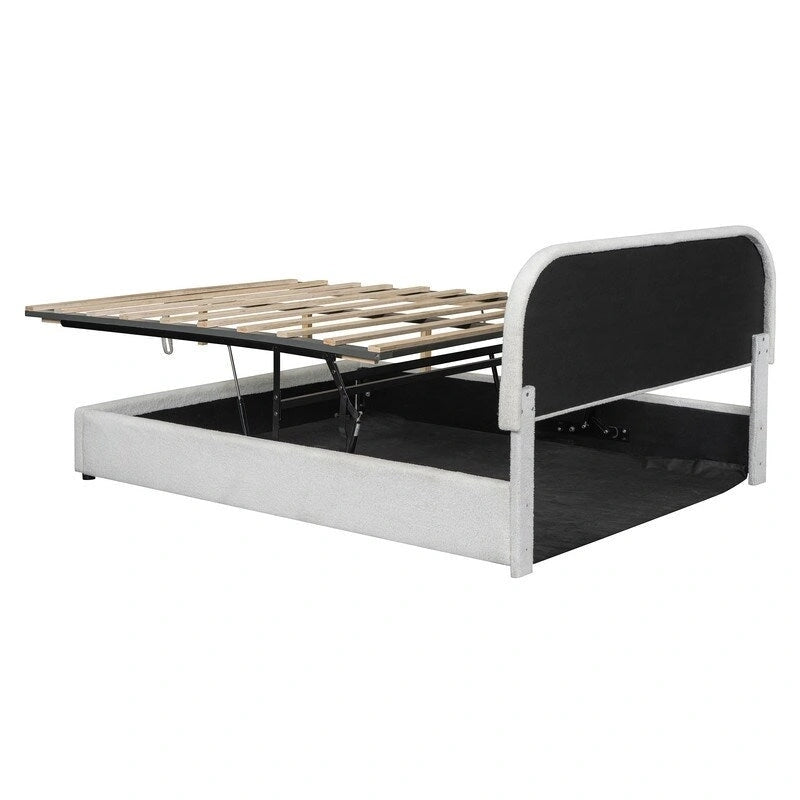 Cama de plataforma tapizada tamaño Queen de forro polar de peluche blanco/gris con almacenamiento hidráulico, capacidad para 1–2
