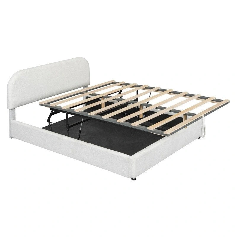 Cama de plataforma tapizada tamaño Queen de forro polar de peluche blanco/gris con almacenamiento hidráulico, capacidad para 1–2