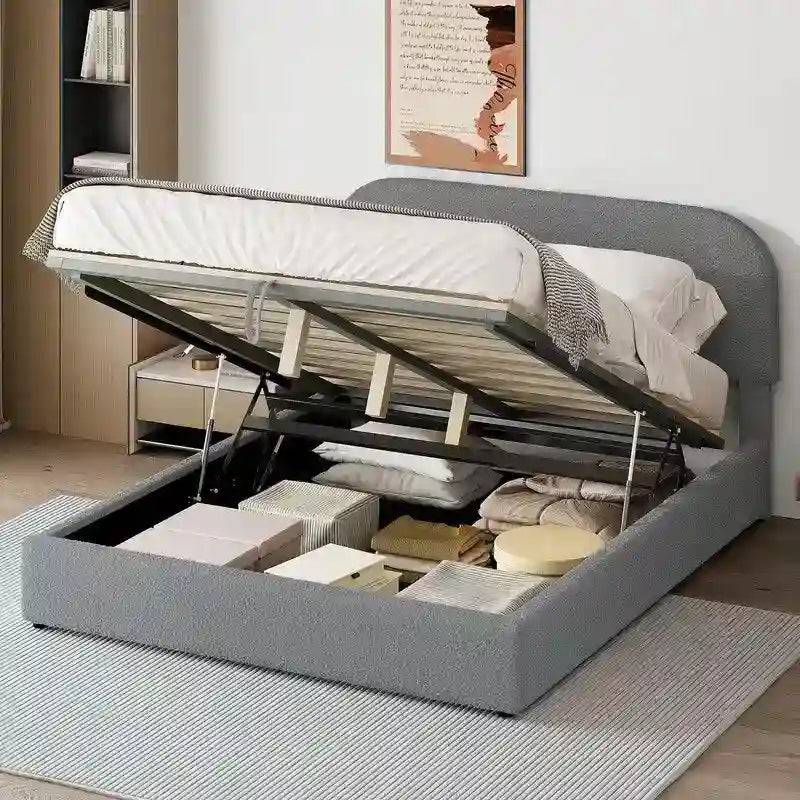 Cama de plataforma tapizada tamaño Queen de forro polar de peluche blanco/gris con almacenamiento hidráulico, capacidad para 1–2