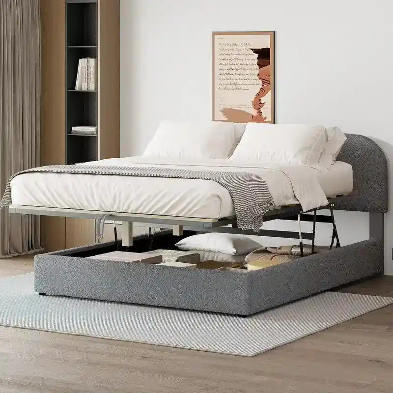 Cama de plataforma tapizada tamaño Queen de forro polar de peluche blanco/gris con almacenamiento hidráulico, capacidad para 1–2