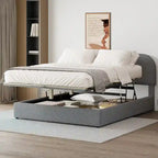Cama de plataforma tapizada tamaño Queen de forro polar de peluche blanco/gris con almacenamiento hidráulico, capacidad para 1–2