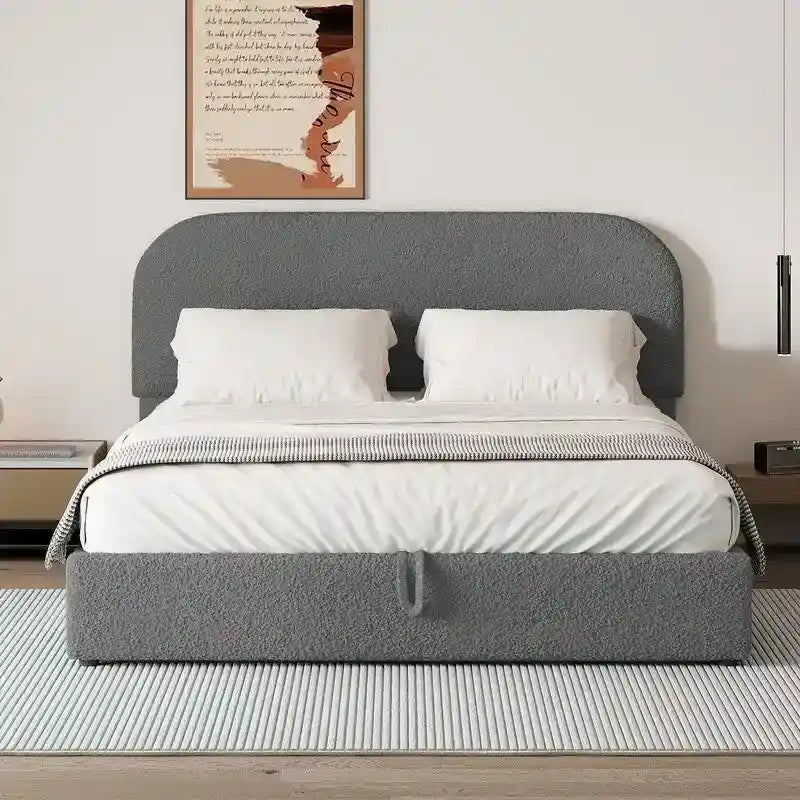 Cama de plataforma tapizada tamaño Queen de forro polar de peluche blanco/gris con almacenamiento hidráulico, capacidad para 1–2