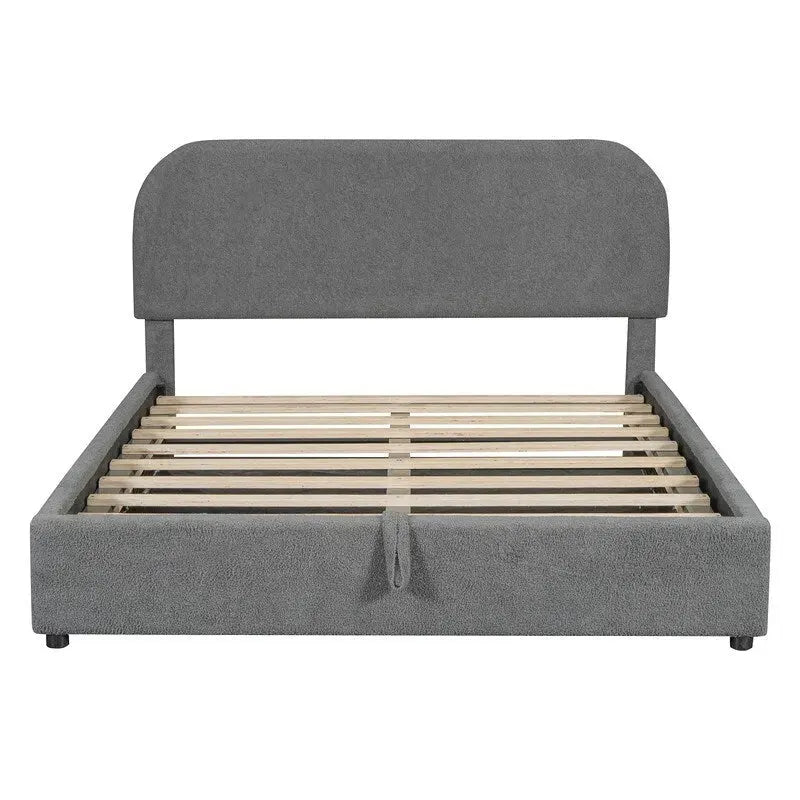 Cama de plataforma tapizada tamaño Queen de forro polar de peluche blanco/gris con almacenamiento hidráulico, capacidad para 1–2