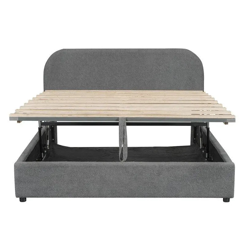 Cama de plataforma tapizada tamaño Queen de forro polar de peluche blanco/gris con almacenamiento hidráulico, capacidad para 1–2