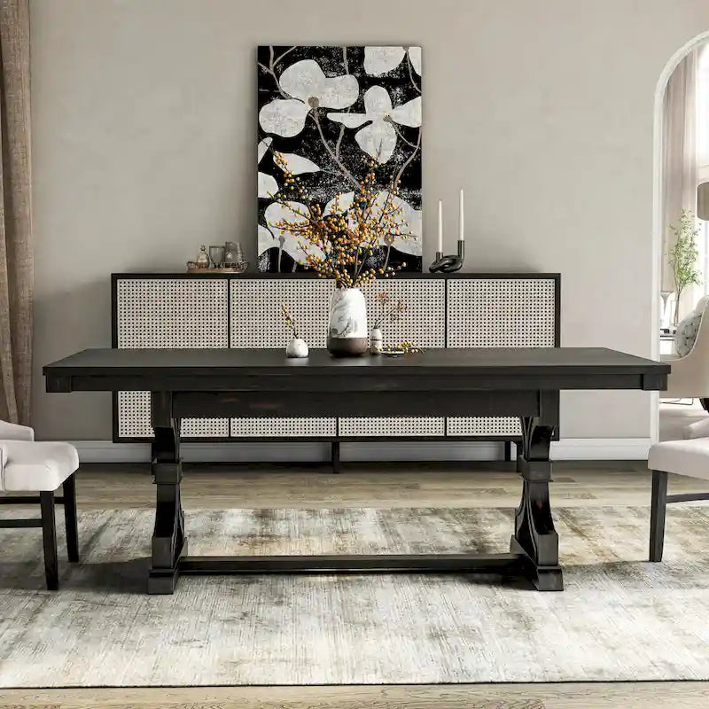 Mesa de comedor rústica negra, base de caballete, para 6 personas