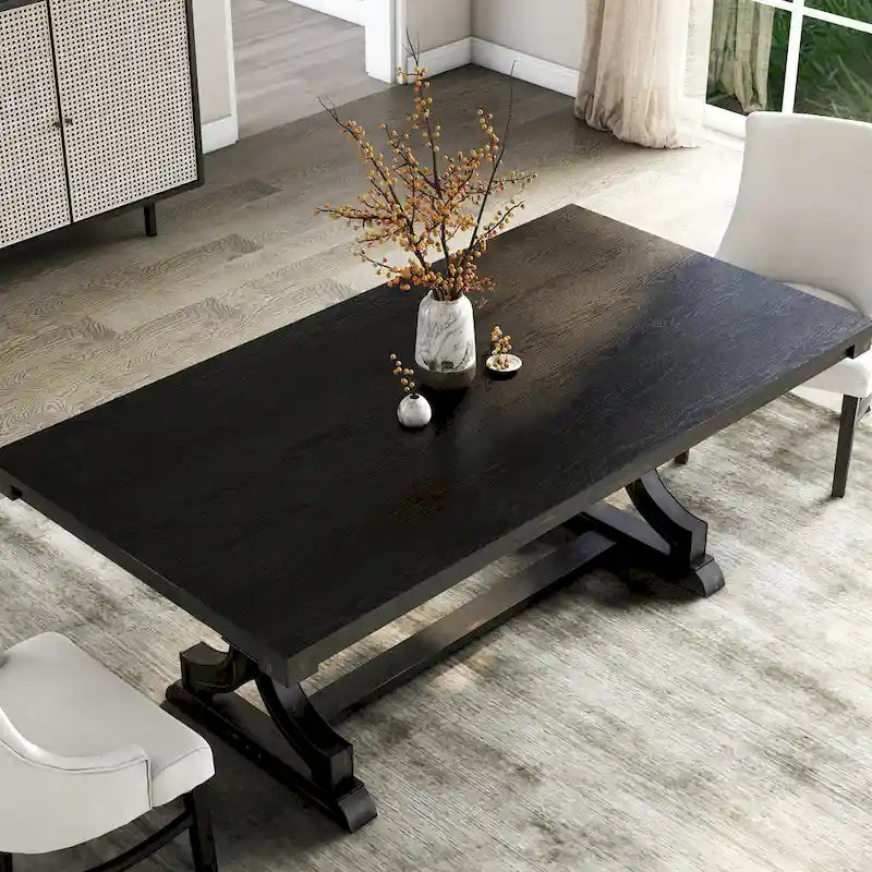 Mesa de comedor rústica negra, base de caballete, para 6 personas