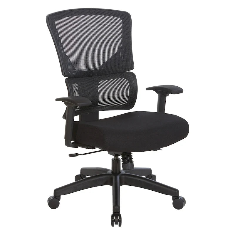 Silla de oficina negra ajustable – Asiento de malla/tela, base de nailon/aluminio, 1 persona
