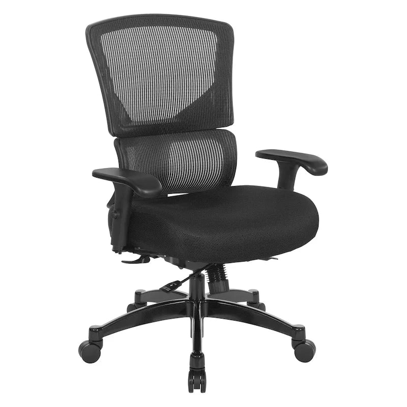 Silla de oficina negra ajustable – Asiento de malla/tela, base de nailon/aluminio, 1 persona