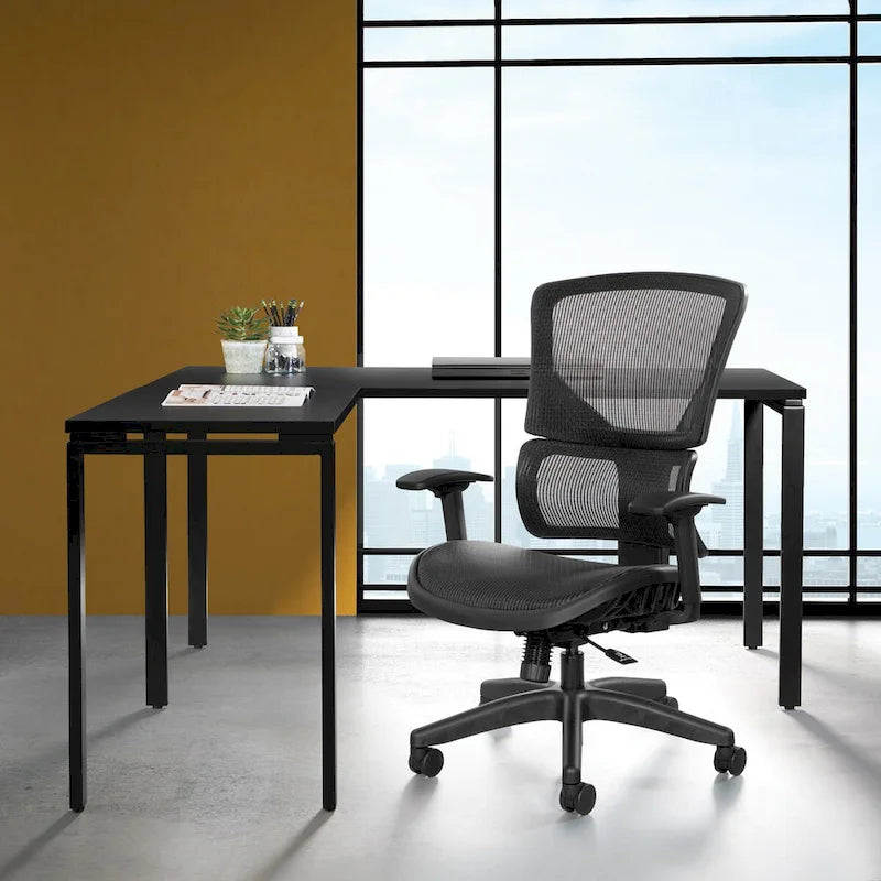 Silla de oficina negra ajustable – Asiento de malla/tela, base de nailon/aluminio, 1 persona