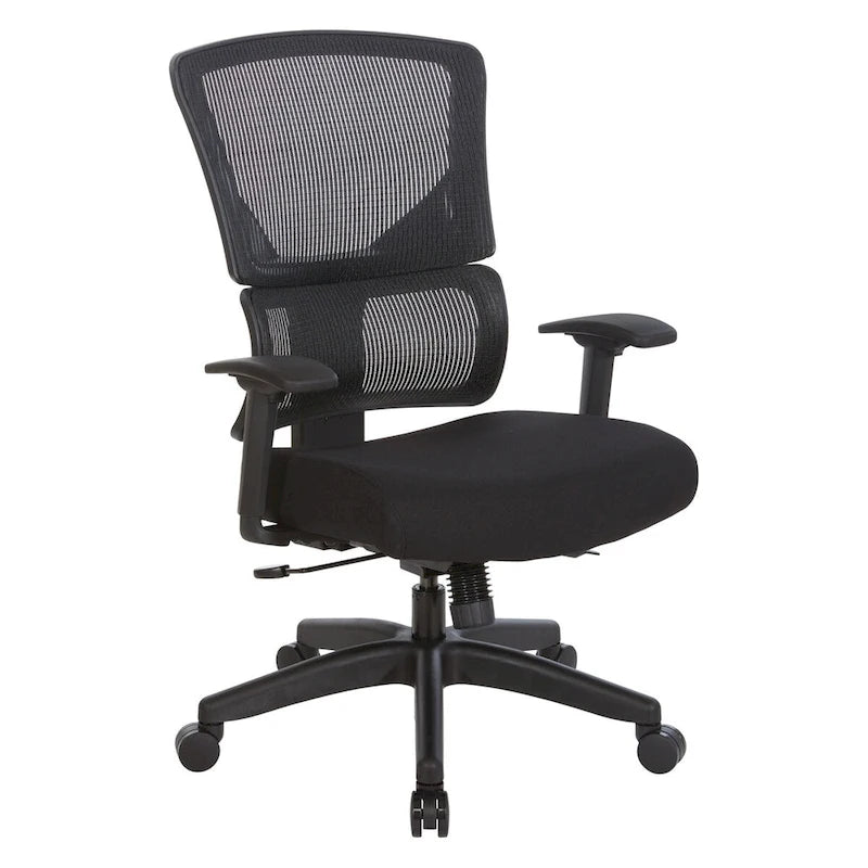 Silla de oficina negra ajustable – Asiento de malla/tela, base de nailon/aluminio, 1 persona