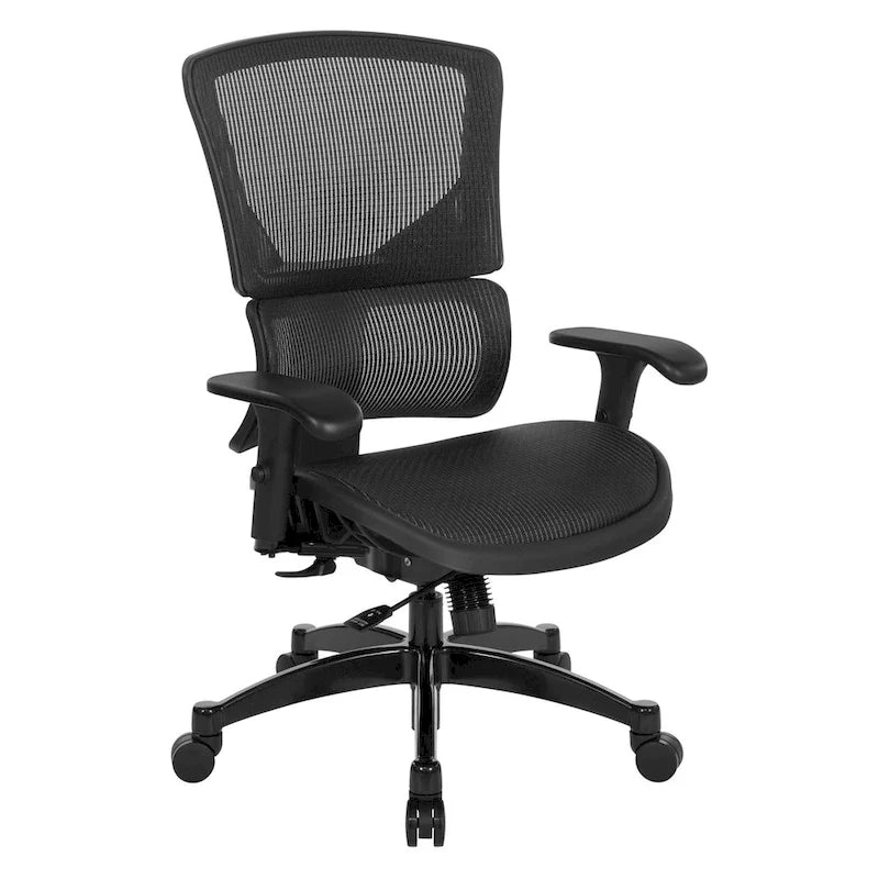 Silla de oficina negra ajustable – Asiento de malla/tela, base de nailon/aluminio, 1 persona