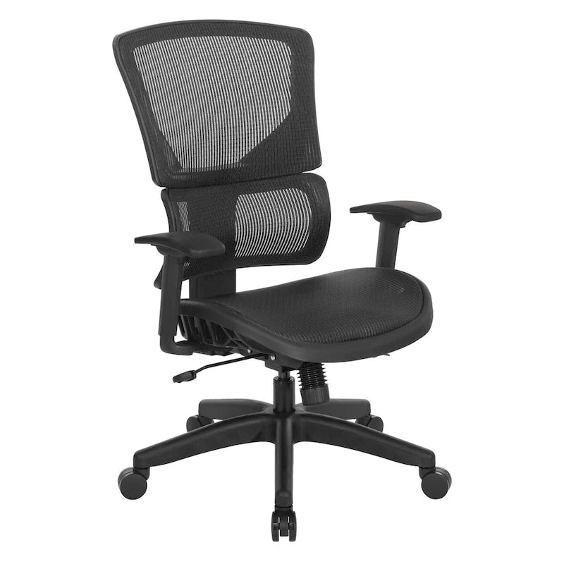 Silla de oficina negra ajustable – Asiento de malla/tela, base de nailon/aluminio, 1 persona