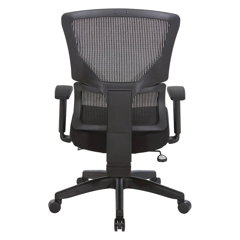 Silla de oficina negra ajustable – Asiento de malla/tela, base de nailon/aluminio, 1 persona