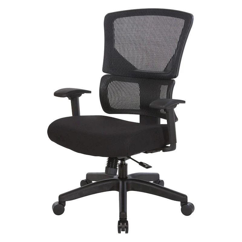 Silla de oficina negra ajustable – Asiento de malla/tela, base de nailon/aluminio, 1 persona