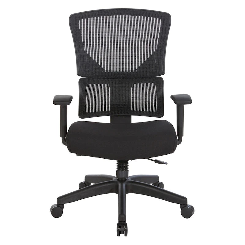 Silla de oficina negra ajustable – Asiento de malla/tela, base de nailon/aluminio, 1 persona
