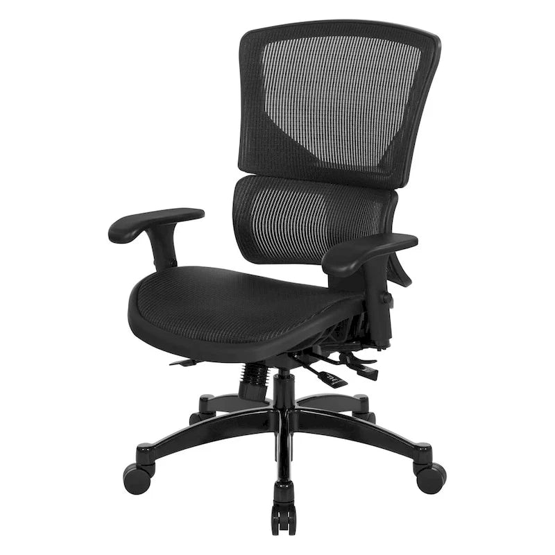 Silla de oficina negra ajustable – Asiento de malla/tela, base de nailon/aluminio, 1 persona