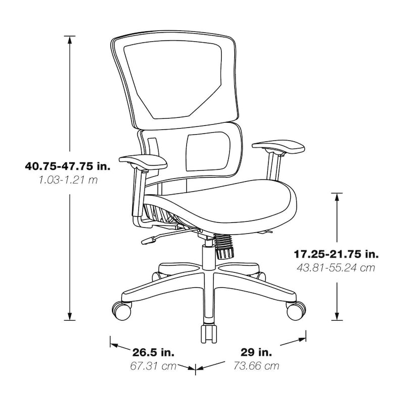 Silla de oficina negra ajustable – Asiento de malla/tela, base de nailon/aluminio, 1 persona